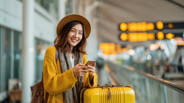 Asian female traveler at airport lounge, holding smartphone, delighted expression, glass wall background
