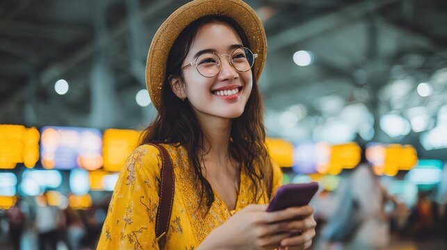 Asian female traveler at airport lounge, holding smartphone, delighted expression, glass wall background