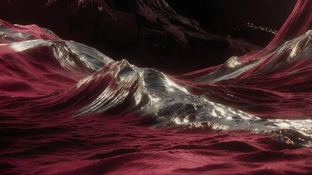 Shimmering crimson and silver waves form a surreal abstract landscape in a dark background, evoking mystery, motion, and awe