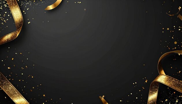Luxury Gold Ribbon and Glitter Confetti on Dark Background Celebration Concept