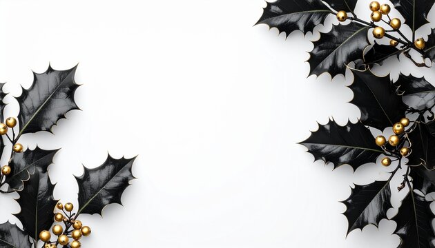 Black and Gold Holly Leaves with Golden Berries on White Background Christmas concept
