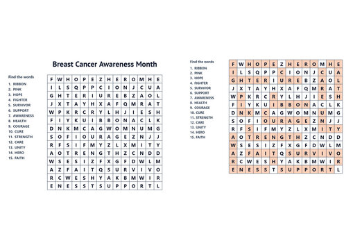 Breast Cancer Awareness Month word search puzzle worksheet with grid and word list isolated on white background