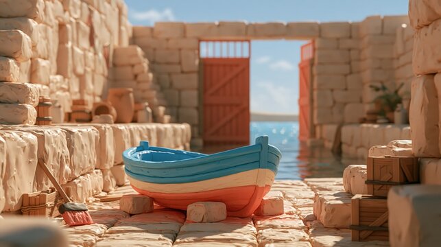 Glossy claymation of a small round boat resting on neat blocks with generous copy space