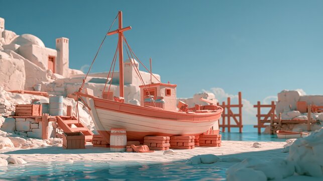 Glossy claymation of a small round boat resting on neat blocks shot with a calm minimal composition