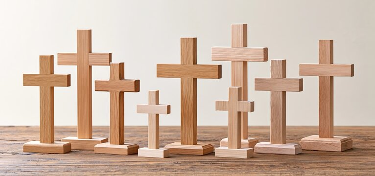 Assorted simple religious crosses arranged on a wooden surface with warm lighting for spiritual-themed promotions.