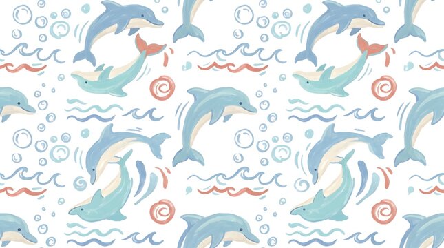 Seamless pattern with hand drawn blue dolphins and bubbles on white background
