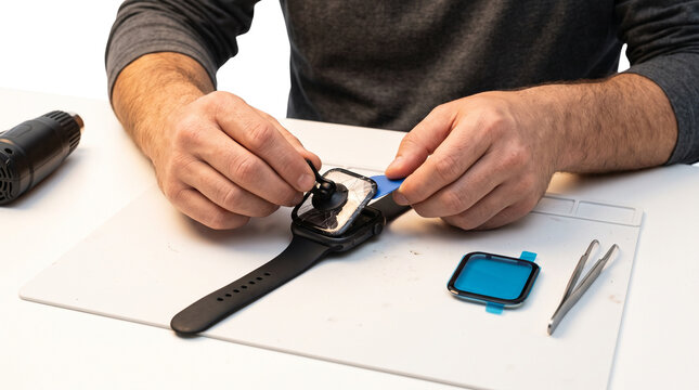 Smartwatch repair process with technician hands, electronic device maintenance service, broken screen replacement on wearable tech isolated PNG with Transparent Background