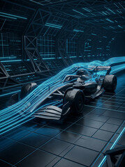 Fototapeta premium formula 1 racing car races through virtual aerodynamics lab with blue airflows around body at high speed in futuristic design