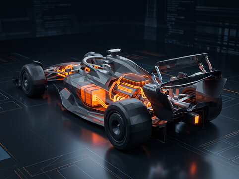 formula 1 racing car rear view with exposed internal engine section and glowing cooling system components