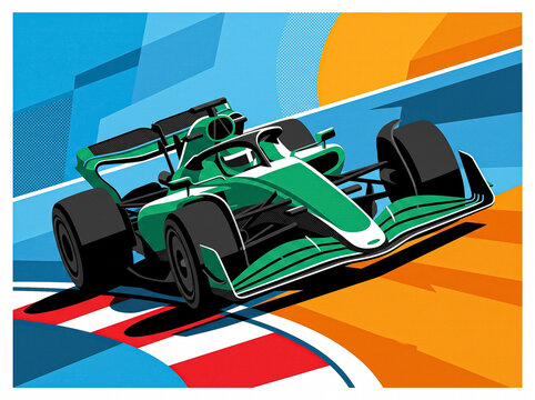 bright vector illustration green formula 1 racing car rushing on track geometric background