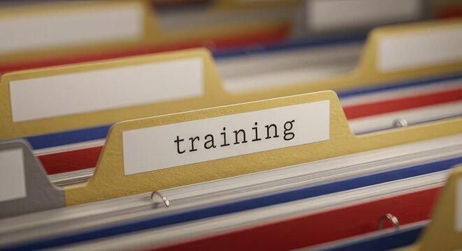 Training file folder tab in office cabinet, professional corporate education records, human resources employee development documentation