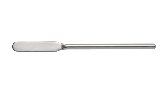 Stainless steel flat laboratory spatula with long handle for pharmaceutical mixing or cosmetic chemical material handling.