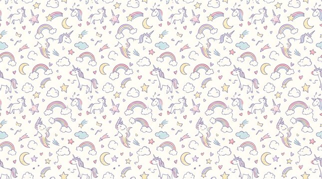 Seamless pattern with hand drawn unicorns and stars on a white background
