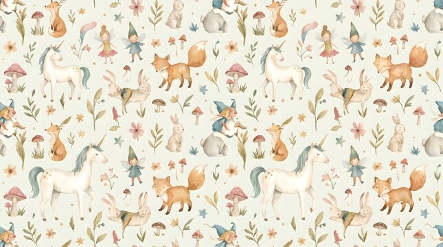Seamless pattern with watercolor forest animals and mythical creatures