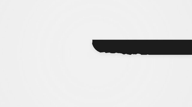 A jagged black tear effect rips horizontally across a clean white background with subtle concentric circles, acting as a dynamic wipe transition before exiting the frame to the right.