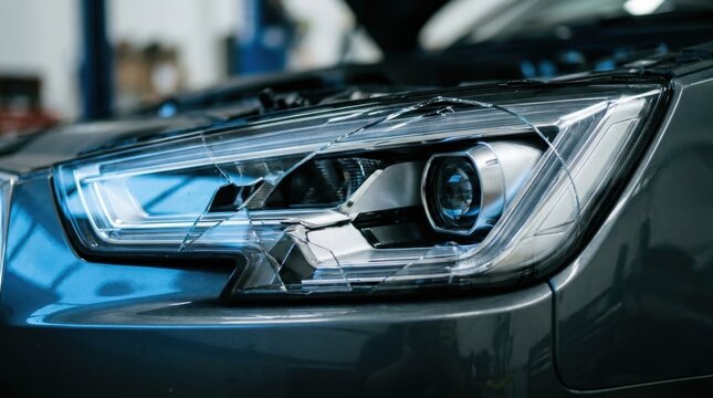 Broken car headlight with cracks in glass at an auto repair shop