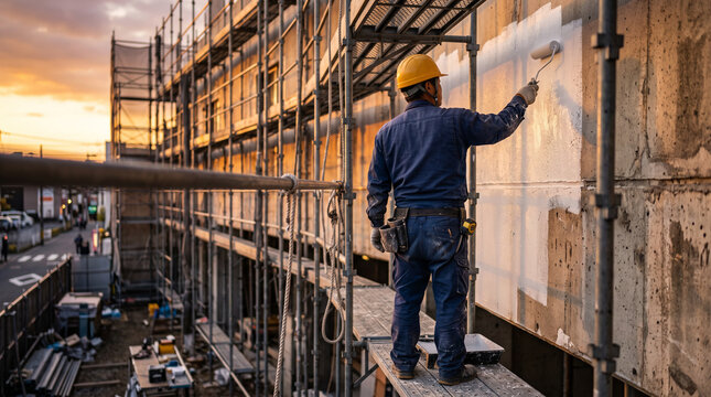 青い作業服と黄色いヘルメットを着用した建設作業員の後ろ姿