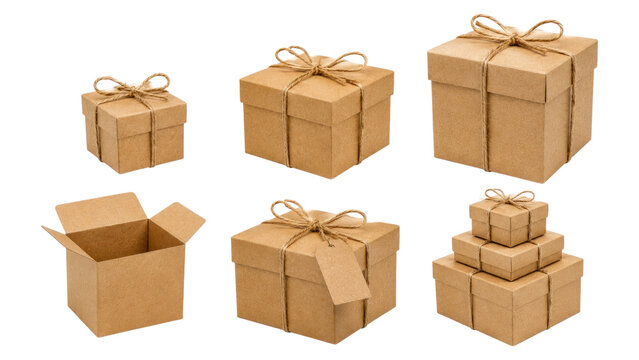Assorted kraft paper gift boxes with twine bows and tags, including an open box and stacked set, rustic eco-friendly packaging ideal for gifts, crafts, favors and minimalist wrapping