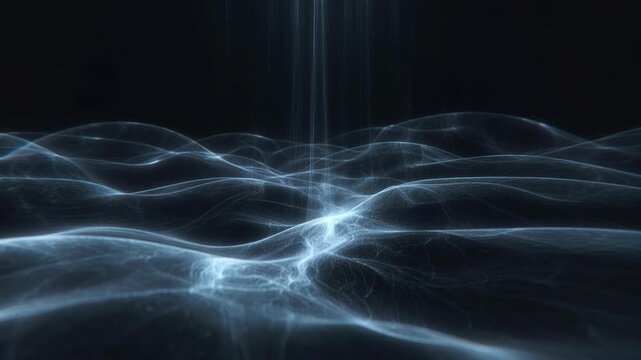 Glowing blue waves and flowing lines form an abstract digital landscape on a dark background, suggesting connectivity and motion