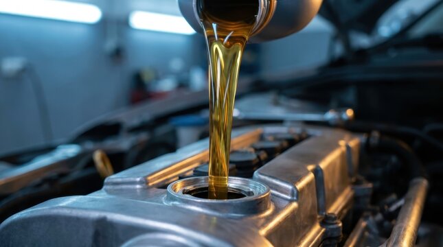 Mechanic pouring fresh motor oil into car engine in auto repair shop