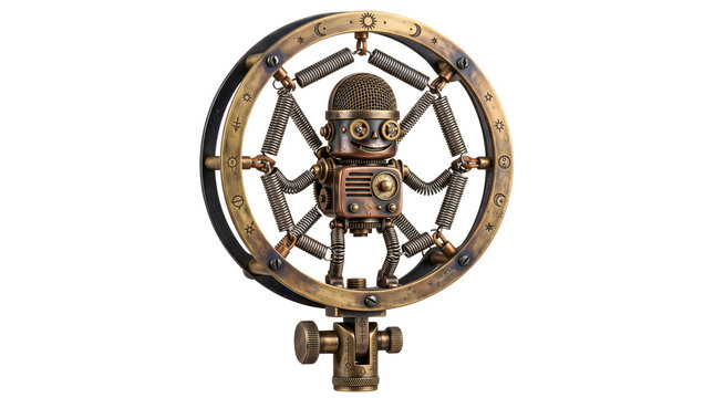 Steampunk style miniature robot microphone suspended in ornate brass celestial ring with coiled springs for audio record.