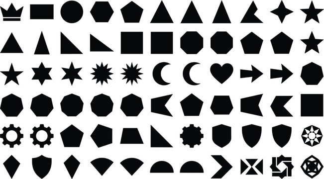 Geometric Shape Silhouette Element Collection Featuring Stars, Triangles, Polygons, Shields, Arrows, and Math Forms for Graphic Design Templates, Backgrounds, Layouts, and Creative Branding Projects