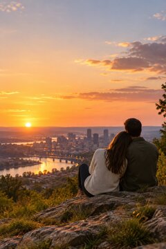 Two people watching sunset over a city from a hillside