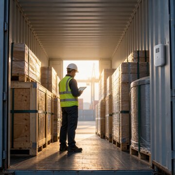 Warehouse worker checking crates inside a shipping container
