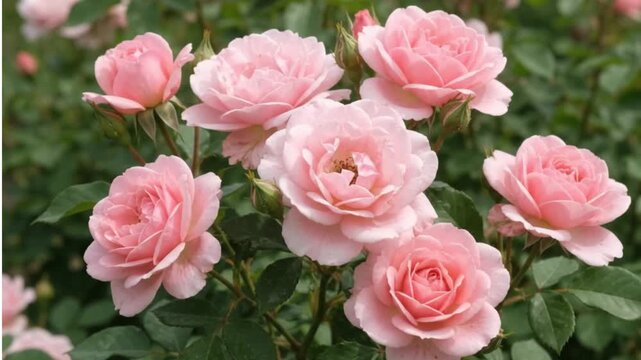 Soft Pink Rose Flower Cluster Gently Swaying in a Natural Breeze, Beautiful Fresh Blossoms and Green Leaves, Botanical Background