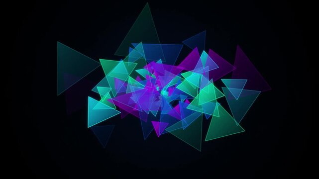 Abstract glowing neon triangles floating and rotating in a dark void with vibrant purple blue and