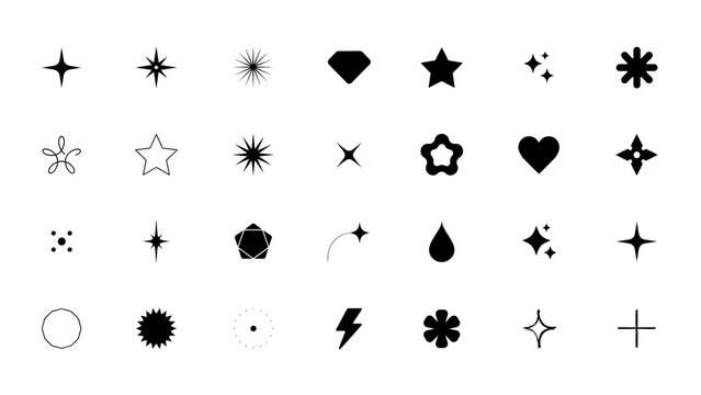 Minimalist black sparkle icons set, 28 geometric star and twinkle elements, decorative celestial vector shapes for graphic design