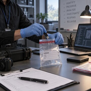 Investigator placing a USB drive into an evidence bag