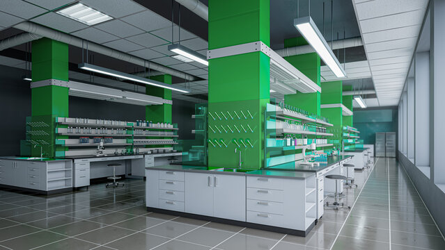 Modern spacious scientific laboratory interior with green pillars, equipment on workstations, symmetrical perspective, and bright ceiling lights. 3d illustration