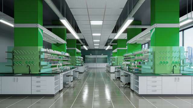 Modern spacious scientific laboratory interior with green pillars, equipment on workstations, symmetrical perspective, and bright ceiling lights. 3d illustration