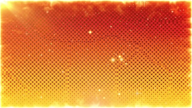 Abstract red and orange background with halftone dot pattern and glowing sparkling light flares