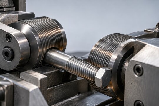 Thread rolling machine forming threads on a metal bolt