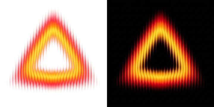 Abstract glowing triangle set, fiery geometric light shapes, fractal glass, orange neon energy icons