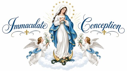 Fototapeta premium Vintage religious illustration of the Virgin Mary with angels, clouds, stars, and the visible phrase “Immaculate Conception.”
