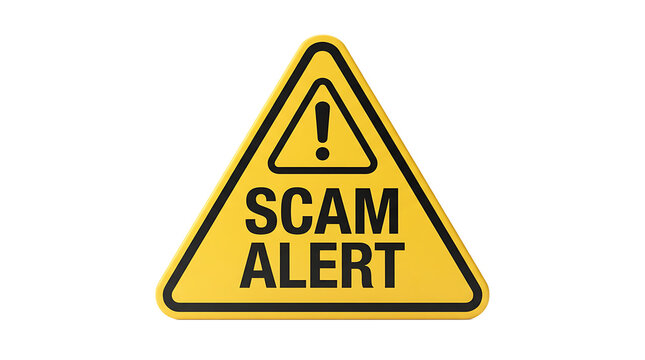 Yellow triangular warning sign with a black exclamation mark and the text scam alert printed in bold letters on a white background