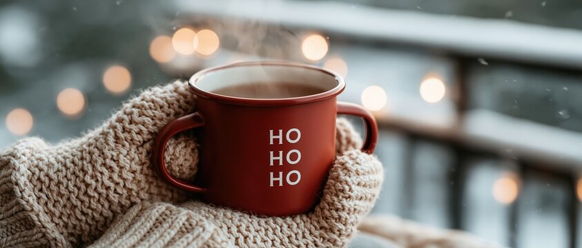 Festive warmth captured in a steaming red enamel mug held in chunky knit mittens against bokeh fairy lights and falling snow. Perfect for holiday campaigns and seasonal branding.
