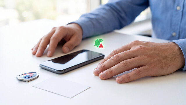Mobile security alert and notification warning concept, man hands beside smartphone on white desk with green bell icon and red warning sign for scam message, fraud risk and data protection