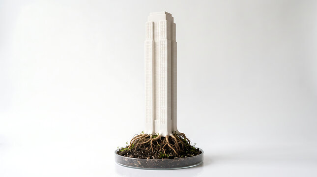White miniature skyscraper model growing from complex root system in petri dish on sterile background for urban planning and organic architecture.