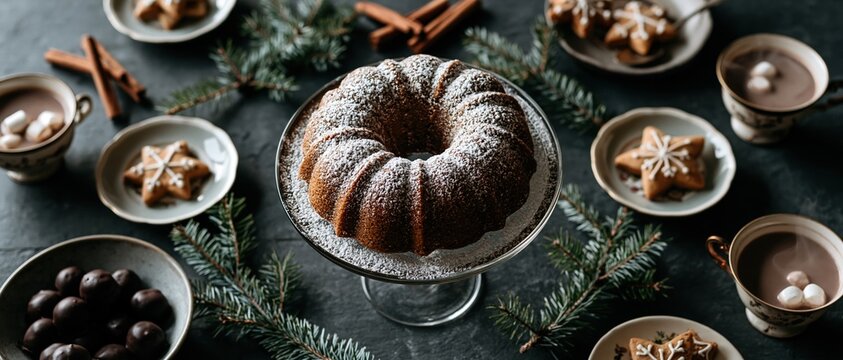 Cozy holiday indulgence powdered sugar bundt cake on glass stand surrounded by star cookies, hot cocoa, cinnamon sticks, pine branches, and chocolate. Perfect for Christmas entertaining.