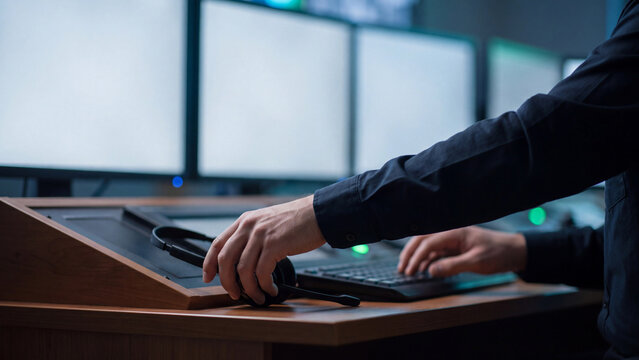 Security control room and call center operator concept, hands taking headset beside keyboard with computer monitors in dark surveillance monitoring center for customer support and dispatch