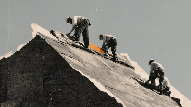 Mixed media collage illustration of the top ridge of a steep roof shot with a calm minimal composition