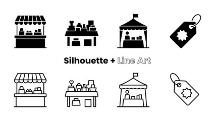 Fototapeta premium Market Stall Icons: A set of graphic icons depicting market stalls, sale stands, and price tags in both silhouette and line art styles, perfect for representing commerce and retail.