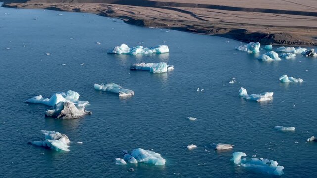 Aerial view of icebergs in Jokulsarlon Glacier Lagoon, Iceland.