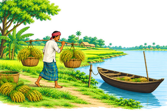Asian farmer carrying baskets of harvested rice on a shoulder pole by a river