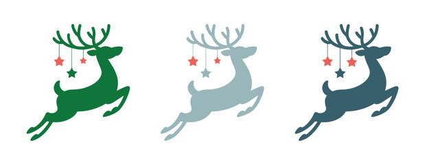 Fototapeta premium Reindeer Silhouette Trio: Festive green, grey, and blue reindeer silhouettes with hanging star ornaments. holiday graphic, christmas design, winter icon, celebratory art, animal illustration.