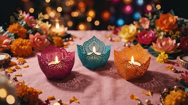 Colorful decorative diya lamps for diwali festival celebration